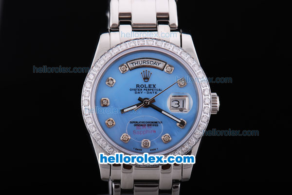 Rolex Day-Date Automatic with Diamond Bezel and Diamonds Marking-Blue Dial - Click Image to Close